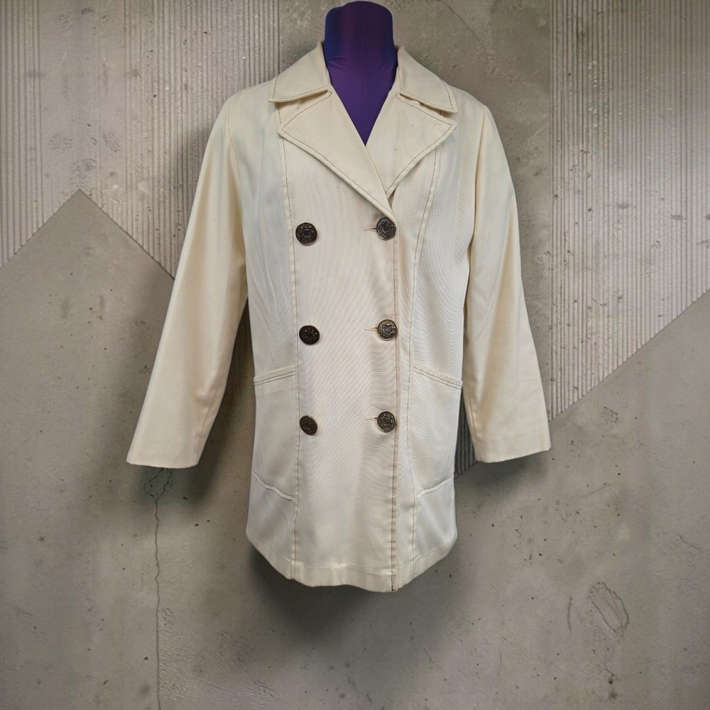 Vintage Cream Double Breasted Pea Coat Jacket Bronze Crest Buttons Women